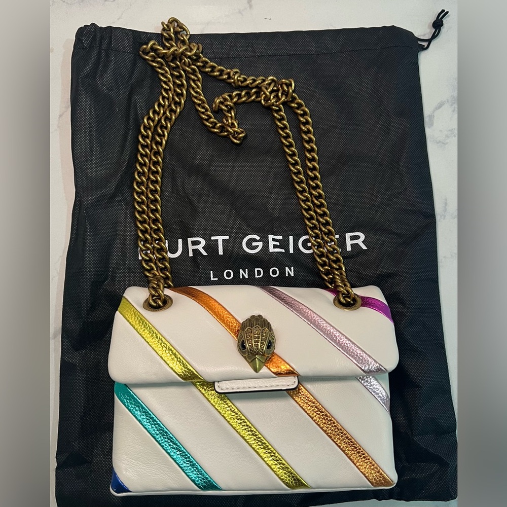 Kurt Geiger Off-White Multicolor Stripe Shoulder/Crossbody Bag with Gold Chain